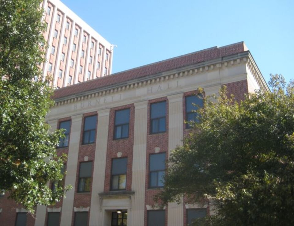 Burnett Hall with trees in front